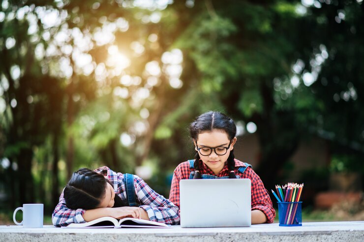 two students studying together online with laptop park 1150 4115